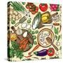 Vegetarian Food Recipes Seamless Pattern with Vegetables and Kitchenware. Colorful Top View Cooking-schiva-Stretched Canvas