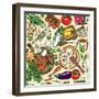 Vegetarian Food Recipes Seamless Pattern with Vegetables and Kitchenware. Colorful Top View Cooking-schiva-Framed Art Print