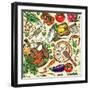 Vegetarian Food Recipes Seamless Pattern with Vegetables and Kitchenware. Colorful Top View Cooking-schiva-Framed Art Print
