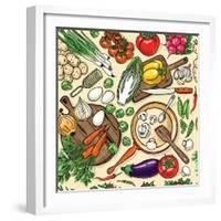 Vegetarian Food Recipes Seamless Pattern with Vegetables and Kitchenware. Colorful Top View Cooking-schiva-Framed Art Print