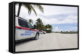 Vehicles of the Ocean Rescue in the Lummus Park, Ocean Drive, Art Deco District-Axel Schmies-Framed Stretched Canvas