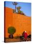 Veiled Woman Bicycling Below Red City Walls, Marrakech, Morocco-Merrill Images-Stretched Canvas