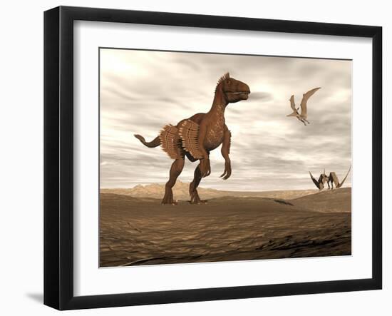 Velociraptor Dinosaur in Desert Landscape with Two Pteranodon Birds-null-Framed Art Print