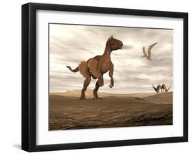 Velociraptor Dinosaur in Desert Landscape with Two Pteranodon Birds-null-Framed Art Print