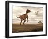 Velociraptor Dinosaur in Desert Landscape with Two Pteranodon Birds-null-Framed Art Print