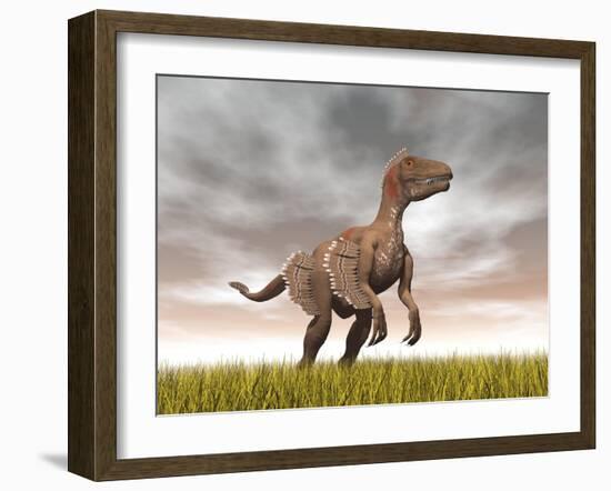 Velociraptor Dinosaur Standing in the Yellow Grass-null-Framed Art Print