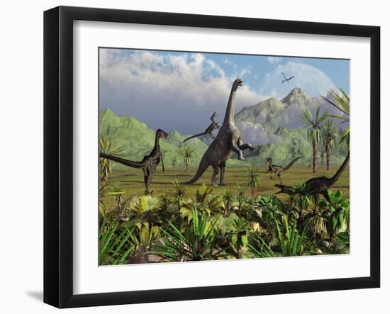 Velociraptor Dinosaurs Attack a Camarasaurus for their Next Meal-Stocktrek Images-Framed Photographic Print