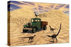 Velociraptors React Curiously to a 1930's American Pickup Truck-null-Stretched Canvas