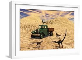 Velociraptors React Curiously to a 1930's American Pickup Truck-null-Framed Art Print