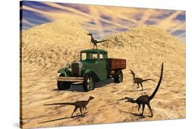 Velociraptors React Curiously to a 1930's American Pickup Truck-null-Stretched Canvas