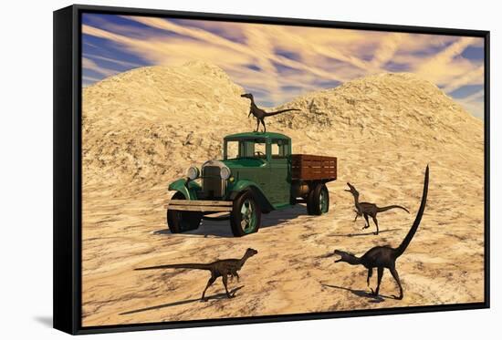 Velociraptors React Curiously to a 1930's American Pickup Truck-null-Framed Stretched Canvas