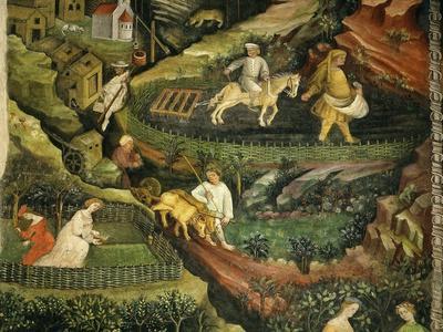 April or Aries with Ploughing with Oxen, Women in Garden and Rabbits in Forest
