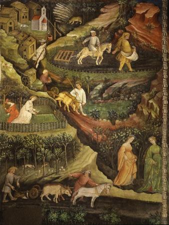 April or Aries with Ploughing with Oxen, Women in Garden and Rabbits in Forest