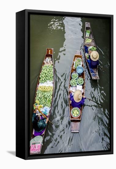Vendors Paddle their Boats, Damnoen Saduak Floating Market, Thailand-Andrew Taylor-Framed Stretched Canvas