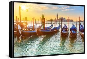 Venetian Gondolas at Sunrise, Venice, Italy-sborisov-Framed Stretched Canvas