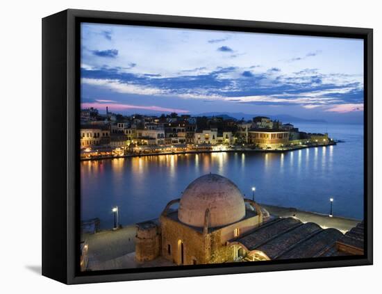 Venetian Harbour and Mosque of the Janissaries at Dusk, Chania (Hania), Chania Region, Crete, Greek-Stuart Black-Framed Stretched Canvas