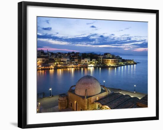 Venetian Harbour and Mosque of the Janissaries at Dusk, Chania (Hania), Chania Region, Crete, Greek-Stuart Black-Framed Photographic Print