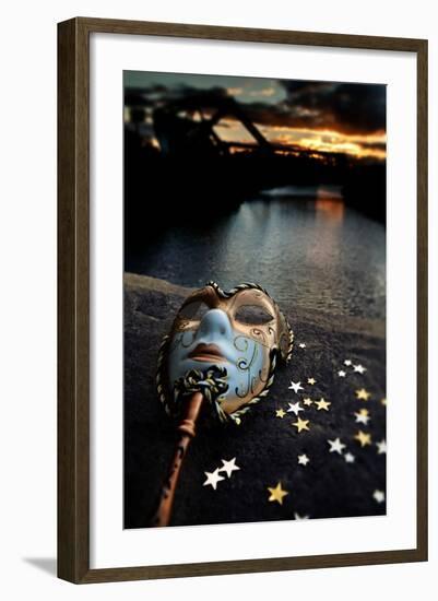 Venetian Mask By The River Bridge With Sunset-passigatti-Framed Art Print