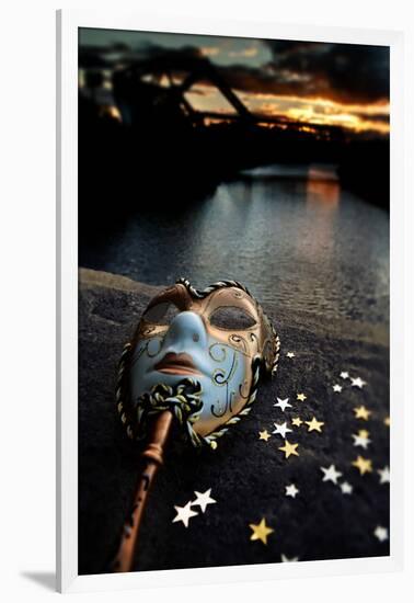 Venetian Mask By The River Bridge With Sunset-passigatti-Framed Art Print