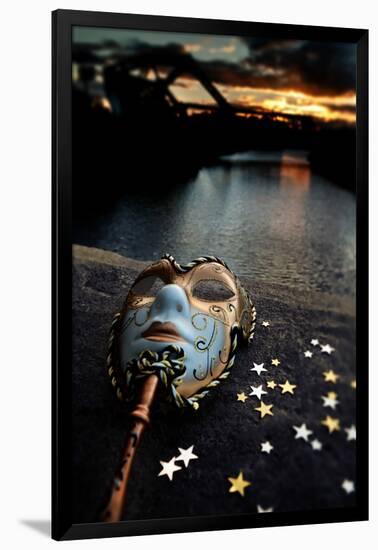Venetian Mask By The River Bridge With Sunset-passigatti-Framed Art Print