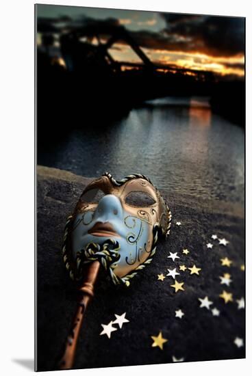 Venetian Mask By The River Bridge With Sunset-passigatti-Mounted Art Print