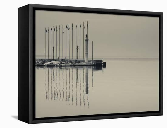 Veneto, Lake District, Lake Garda, Garda, Lakeside Pier and Lighthouse, Italy-Walter Bibikow-Framed Stretched Canvas
