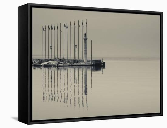 Veneto, Lake District, Lake Garda, Garda, Lakeside Pier and Lighthouse, Italy-Walter Bibikow-Framed Stretched Canvas