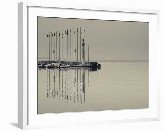 Veneto, Lake District, Lake Garda, Garda, Lakeside Pier and Lighthouse, Italy-Walter Bibikow-Framed Photographic Print