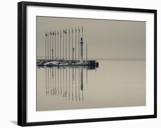 Veneto, Lake District, Lake Garda, Garda, Lakeside Pier and Lighthouse, Italy-Walter Bibikow-Framed Photographic Print