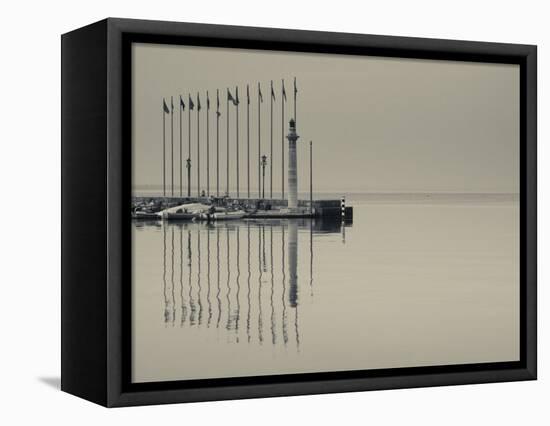 Veneto, Lake District, Lake Garda, Garda, Lakeside Pier and Lighthouse, Italy-Walter Bibikow-Framed Stretched Canvas