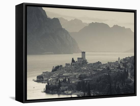 Veneto, Lake District, Lake Garda, Malcesine, Aerial Town View, Italy-Walter Bibikow-Framed Stretched Canvas