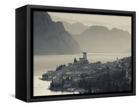 Veneto, Lake District, Lake Garda, Malcesine, Aerial Town View, Italy-Walter Bibikow-Framed Stretched Canvas