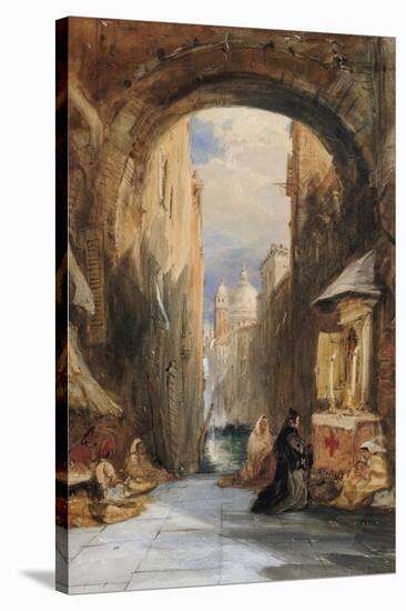 Venice: an Edicola Beneath an Archway, with Santa Maria Della Salute in the Distance, 1853-James Holland-Stretched Canvas