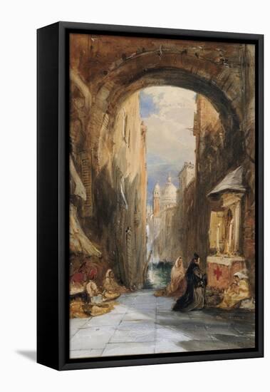 Venice: an Edicola Beneath an Archway, with Santa Maria Della Salute in the Distance, 1853-James Holland-Framed Stretched Canvas