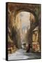 Venice: an Edicola Beneath an Archway, with Santa Maria Della Salute in the Distance, 1853-James Holland-Framed Stretched Canvas