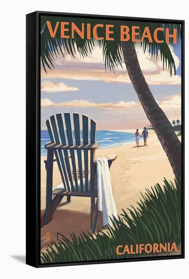 Venice Beach, California - Adirondack Chairs and Sunset-Lantern Press-Framed Stretched Canvas