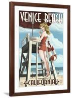 Venice Beach, California - Lifeguard Pinup-Lantern Press-Framed Art Print