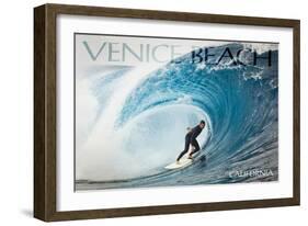 Venice Beach, California - Surfer in Perfect Wave-Lantern Press-Framed Art Print