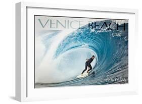Venice Beach, California - Surfer in Perfect Wave-Lantern Press-Framed Art Print