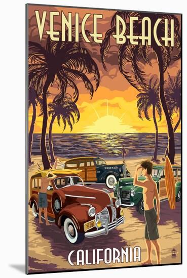 Venice Beach, California - Woodies and Sunset-Lantern Press-Mounted Art Print