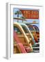 Venice Beach, California - Woodies Lined Up-Lantern Press-Framed Art Print