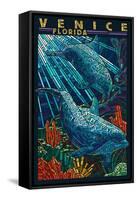 Venice, Florida - Dolphins Paper Mosaic-Lantern Press-Framed Stretched Canvas