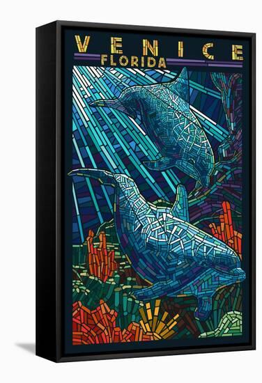 Venice, Florida - Dolphins Paper Mosaic-Lantern Press-Framed Stretched Canvas