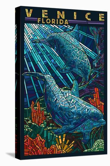 Venice, Florida - Dolphins Paper Mosaic-Lantern Press-Stretched Canvas