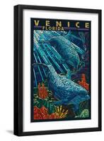 Venice, Florida - Dolphins Paper Mosaic-Lantern Press-Framed Art Print