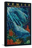 Venice, Florida - Dolphins Paper Mosaic-Lantern Press-Framed Stretched Canvas