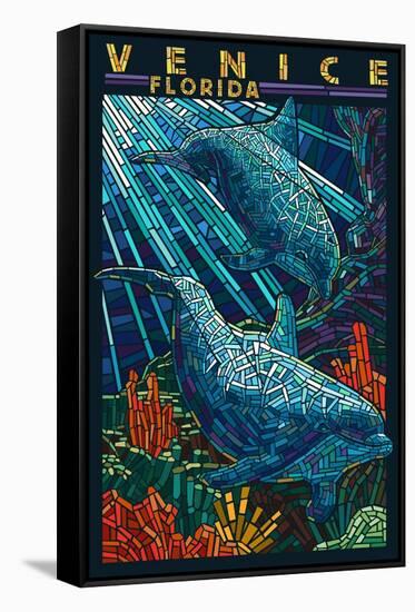 Venice, Florida - Dolphins Paper Mosaic-Lantern Press-Framed Stretched Canvas