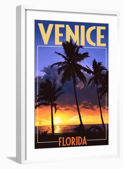 Venice, Florida - Palms and Sunset-Lantern Press-Framed Art Print