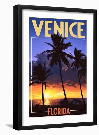 Venice, Florida - Palms and Sunset-Lantern Press-Framed Art Print