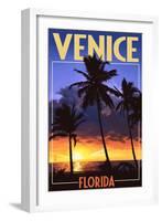 Venice, Florida - Palms and Sunset-Lantern Press-Framed Art Print